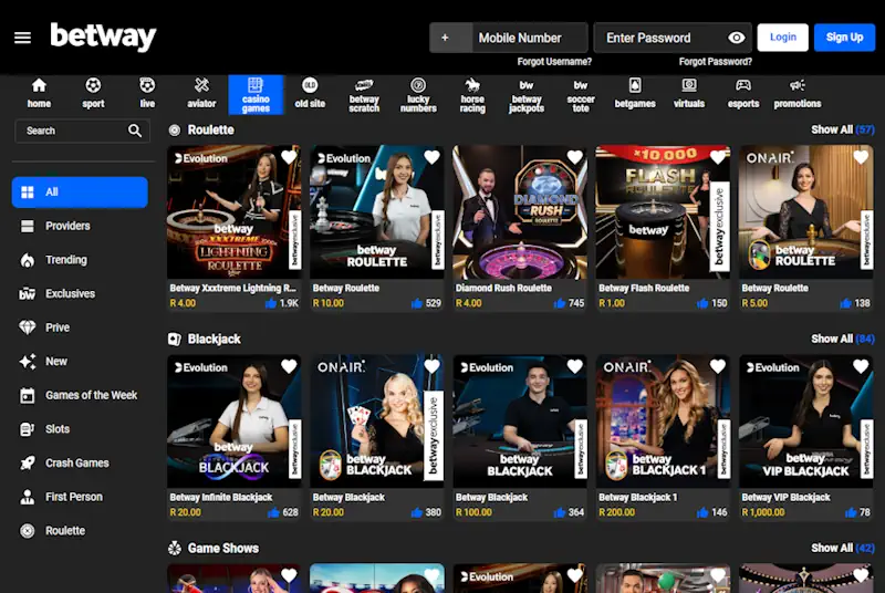Betway Live Casino Balckjack and Roulette Screenshot